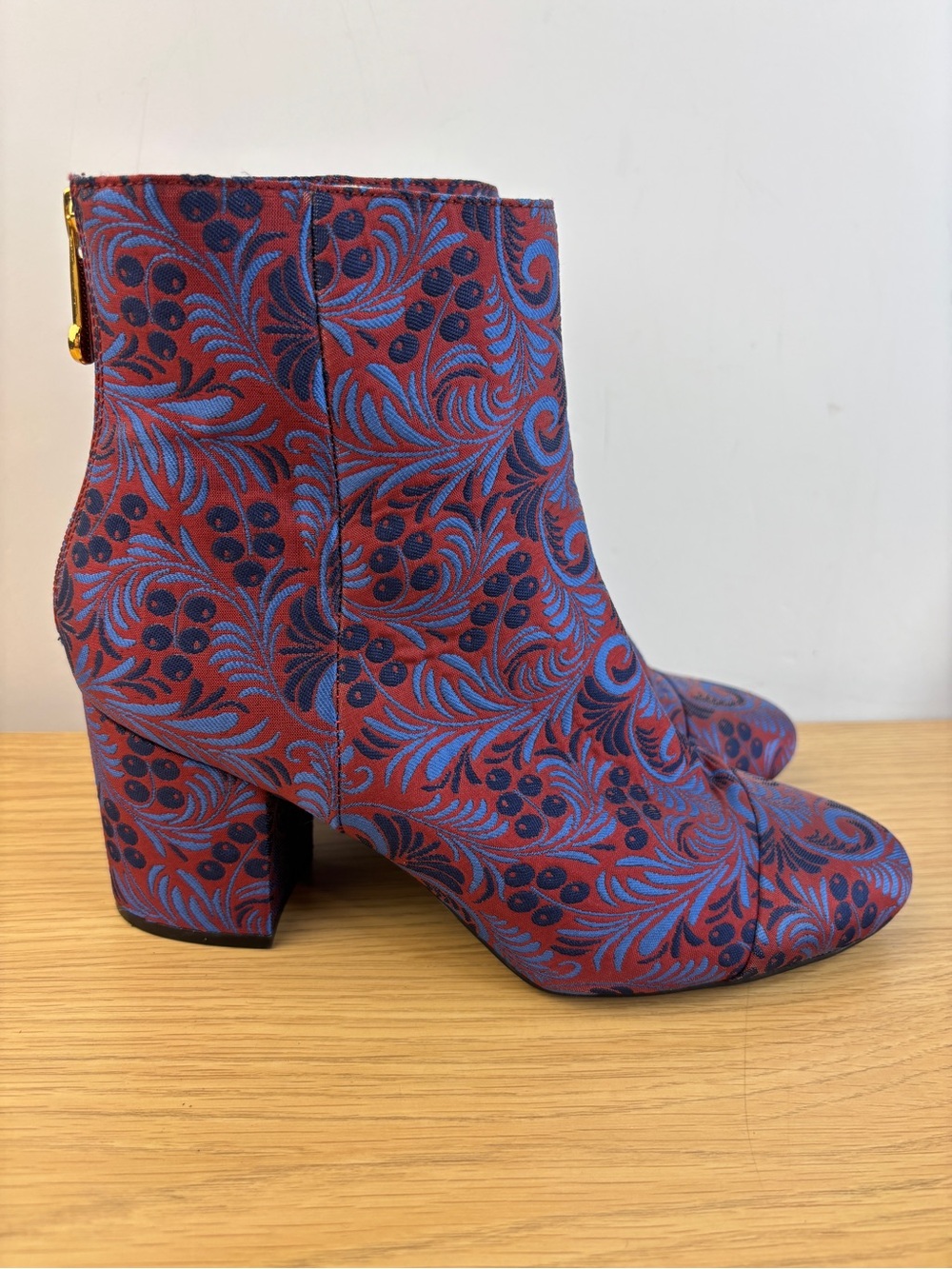 1901 The "Whitaker" Berry Leaf Brocade Heeled Ankle Boots Woman’s 8
